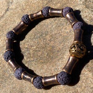 Wanderer and Gatherer Bracelet - brass bamboo and brass butterfly. Lava bead SM
